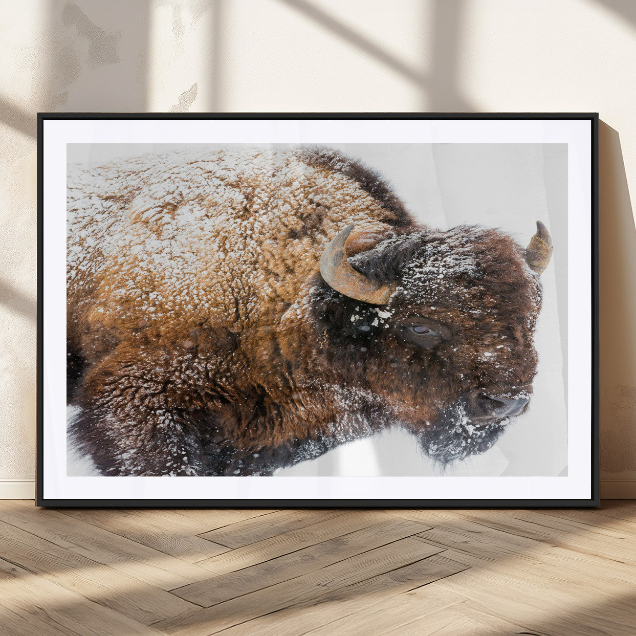Close-up photograph of a bison covered in snow, highlighting its thick fur and powerful presence, set against a white winter backdrop, ideal for rustic decor.