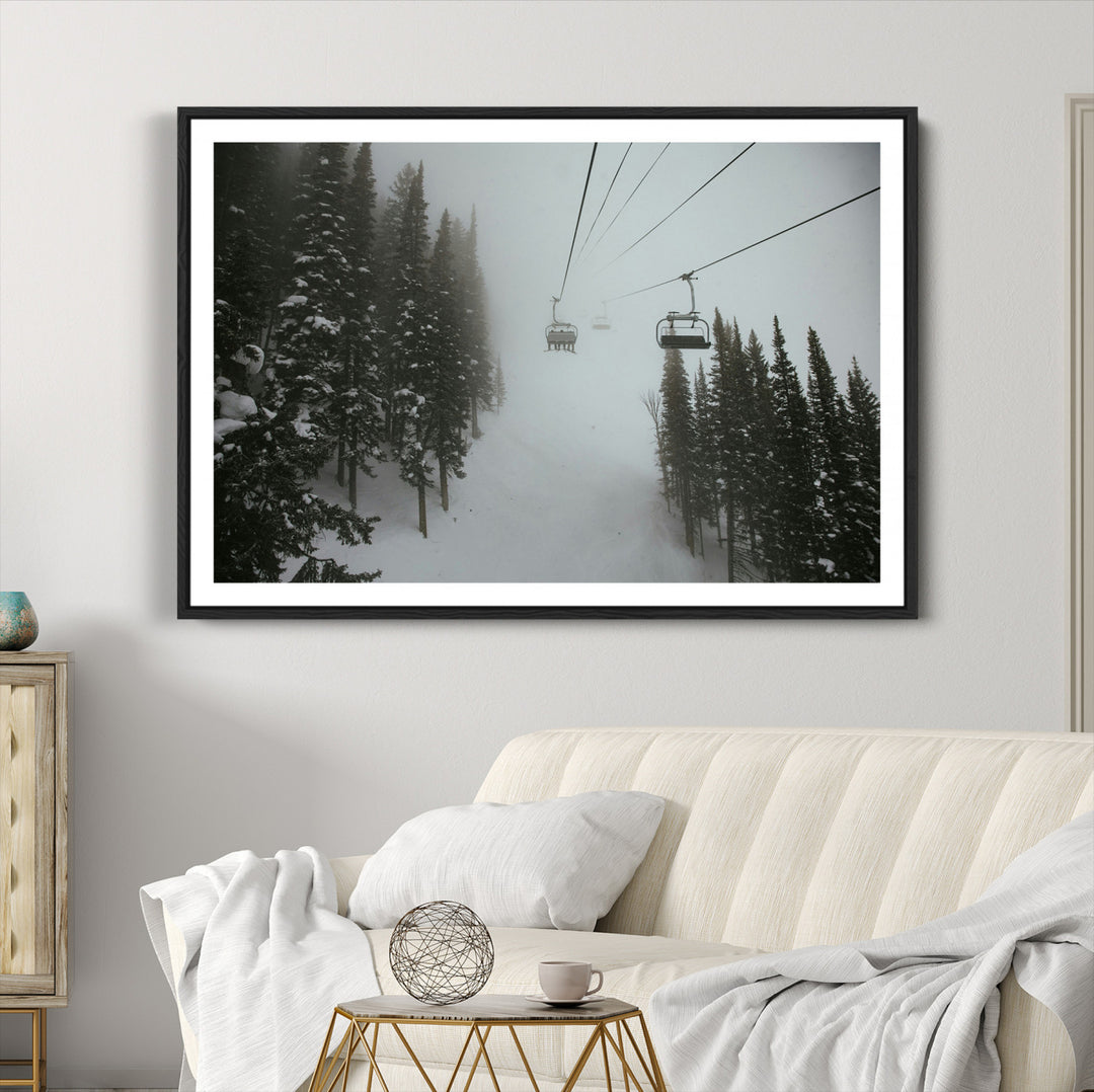Ski Lift Wall Art Canvas Print, Framed Snowy Pines Art Picture Print, Misty Landscape Perfect Winter Serenity Decor Artwork
