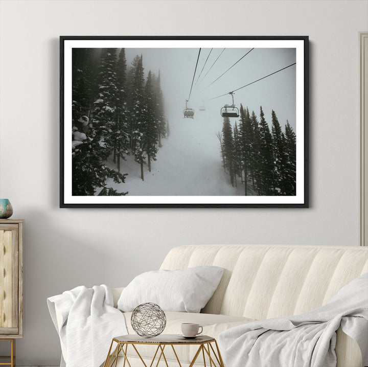 Ski Lift Wall Art Canvas Print, Framed Snowy Pines Art Picture Print, Misty Landscape Perfect Winter Serenity Decor Artwork