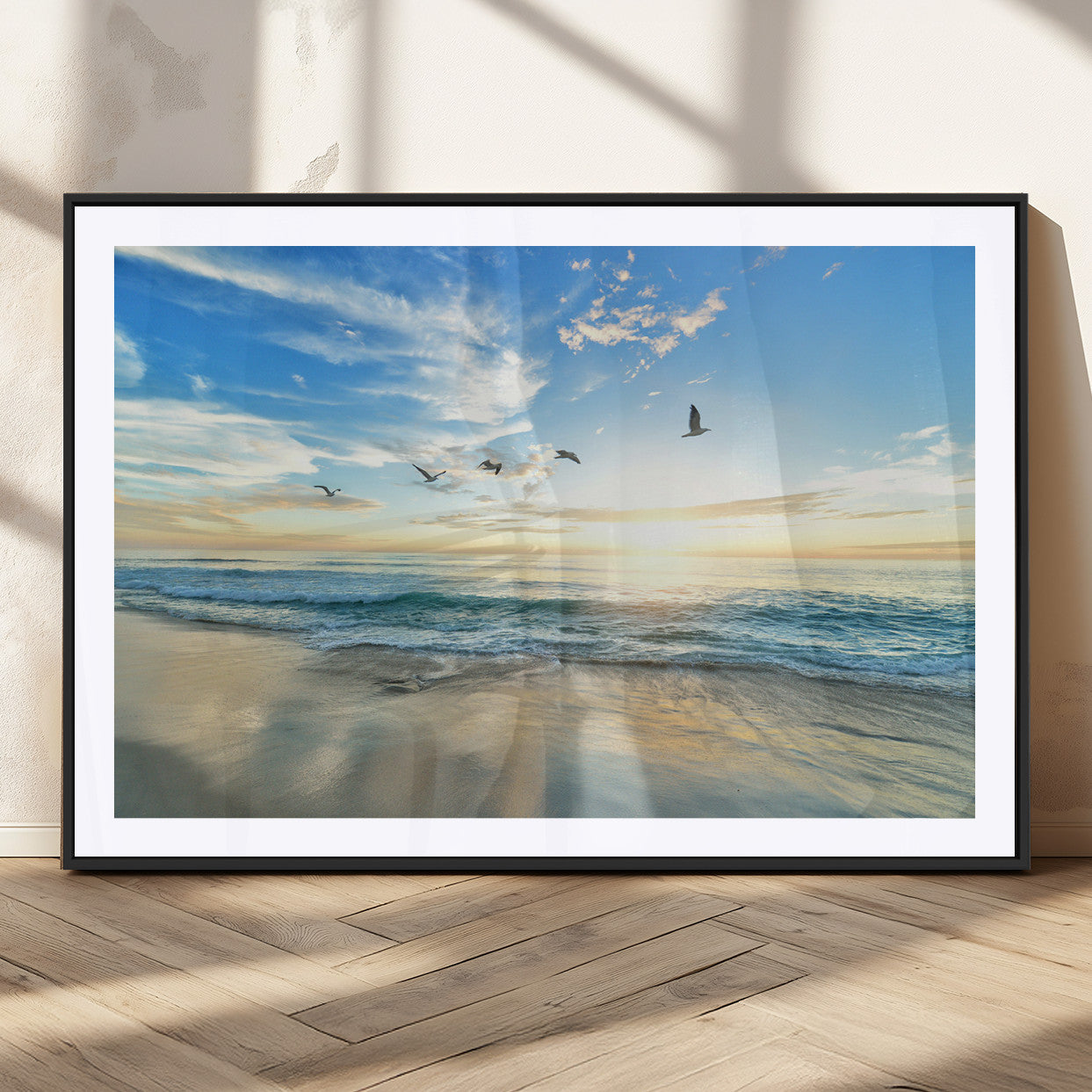 MGC-FP-36x24 - Minimalist Seaside Wall Art Canvas Print, Framed Morning Glow Art Picture Print, Golden Reflections Perfect Coastal Minimalist Decor Artwork
