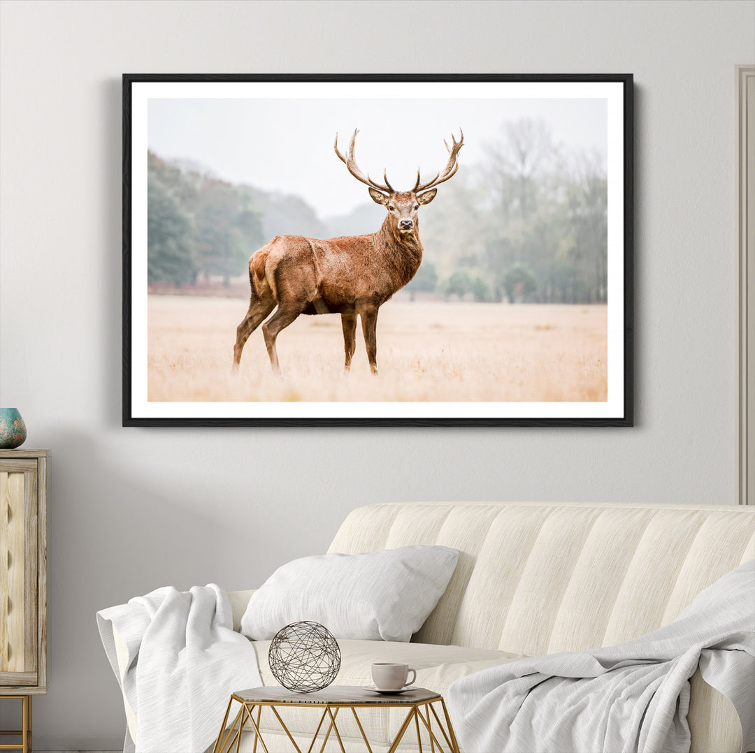 Vintage Wildlife Canvas Print, Framed Misty Landscape Art Picture Print, Deer Wall Art Perfect Rustic Wildlife Decor Artwork
