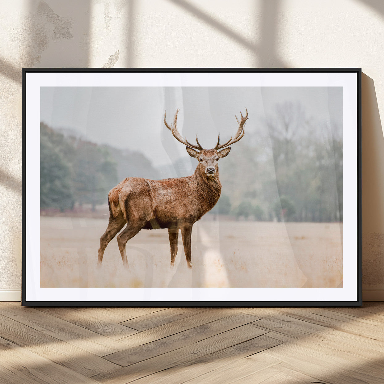 MGC-FP-36x24 - Vintage Wildlife Art Wall Art Canvas Print, Framed Misty Landscape Art Picture Print, Deer Wall Art Perfect Rustic Wildlife Decor Artwork