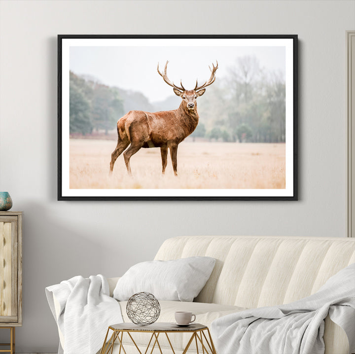 Vintage Wildlife Canvas Print, Framed Misty Landscape Art Picture Print, Deer Wall Art Perfect Rustic Wildlife Decor Artwork