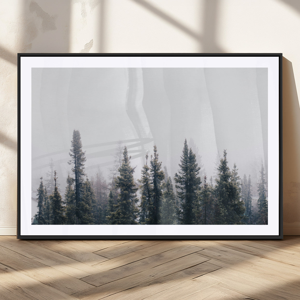 MGC-FP-36x24 - Foggy Forest Wall Art Canvas Print, Framed Misty Pines Art Picture Print, Moody Woodland Perfect Scandinavian Minimalist Decor Artwork