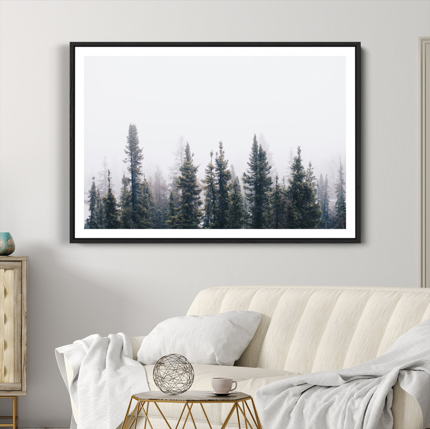 42364796-MGC-FP-36x24_Black-Foggy Forest Wall Art Canvas Print, Framed Misty Pines Art Picture Print, Moody Woodland Perfect Scandinavian Minimalist Decor Artwork