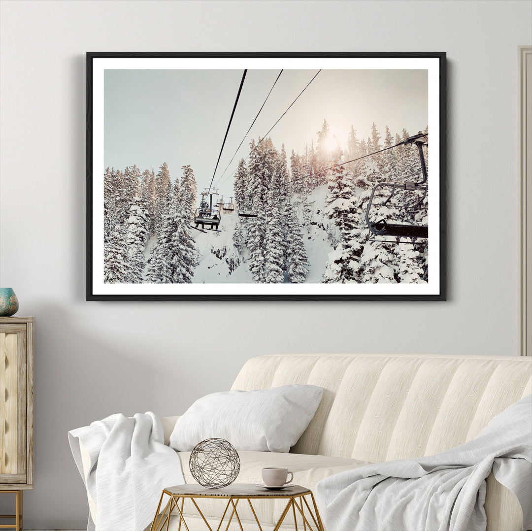 91534512-MGC-FP-36x24_Black-Frosty Pines Wall Art Canvas Print, Framed Cozy Cabin View Art Picture Print, Ski Lift Ride Perfect Rustic Lodge Decor Artwork