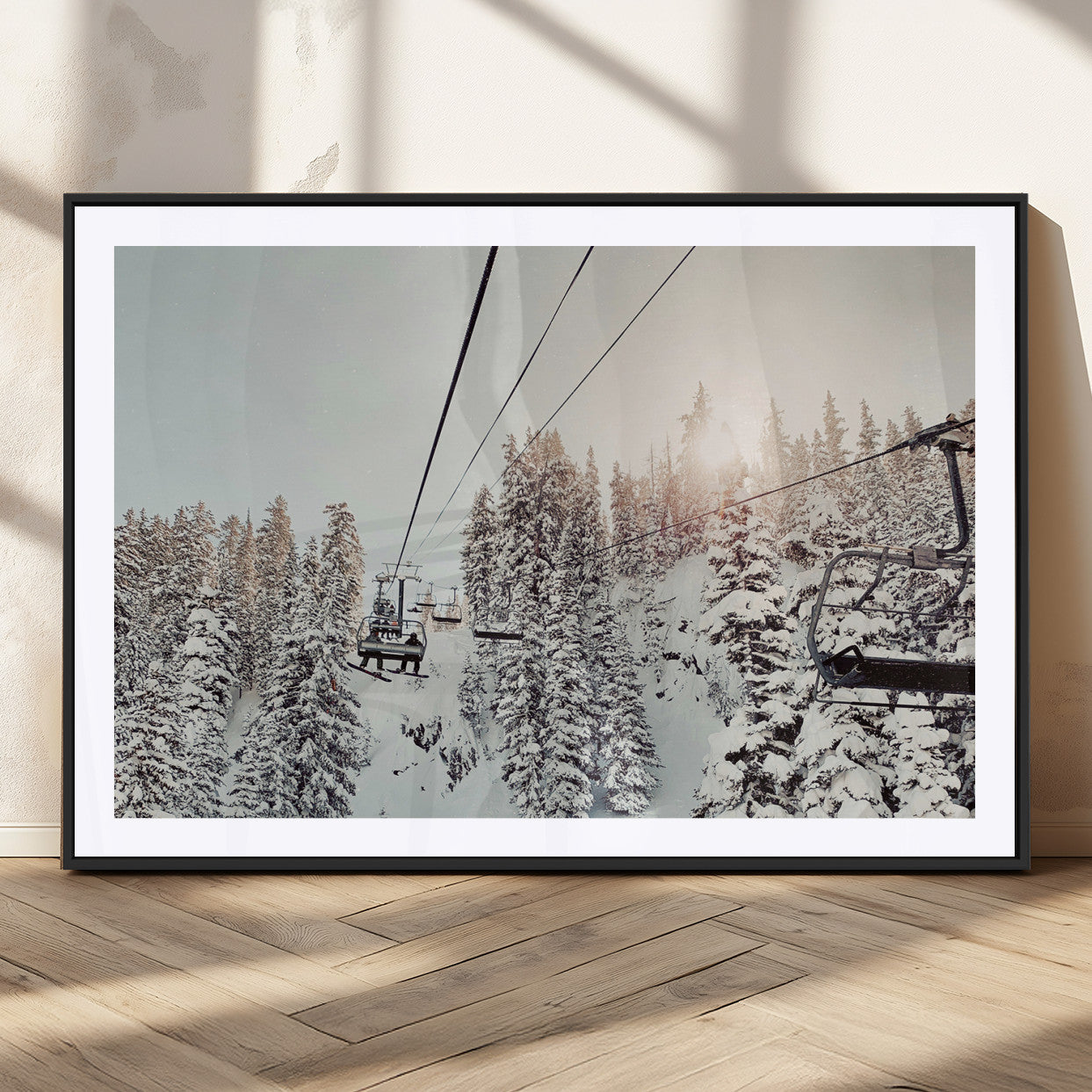 MGC-FP-36x24 - Frosty Pines Wall Art Canvas Print, Framed Cozy Cabin View Art Picture Print, Ski Lift Ride Perfect Rustic Lodge Decor Artwork