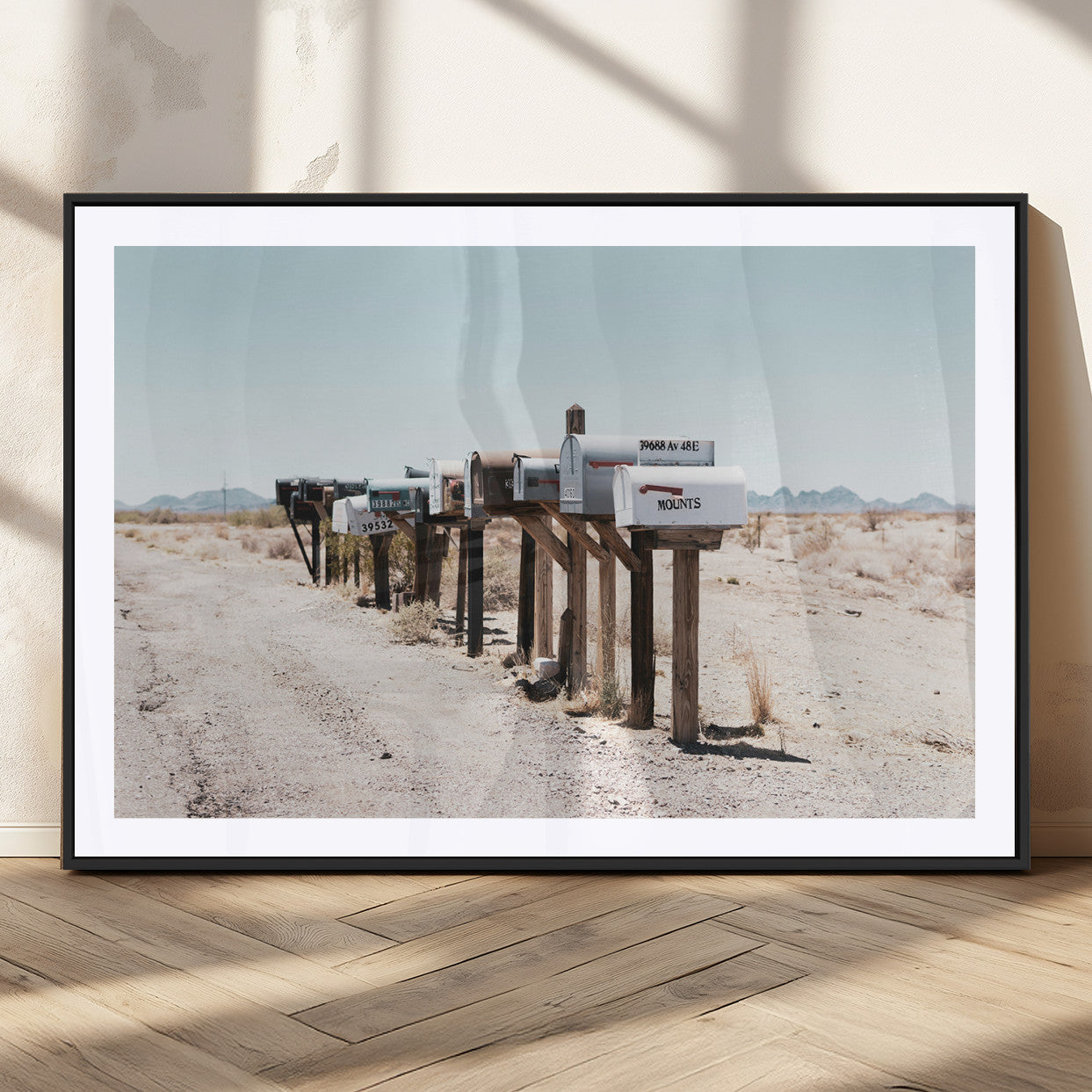 MGC-FP-36x24 - Desert Mailboxes Canvas Print – Minimal Western Landscape Photography, Rustic Americana Wall Art for