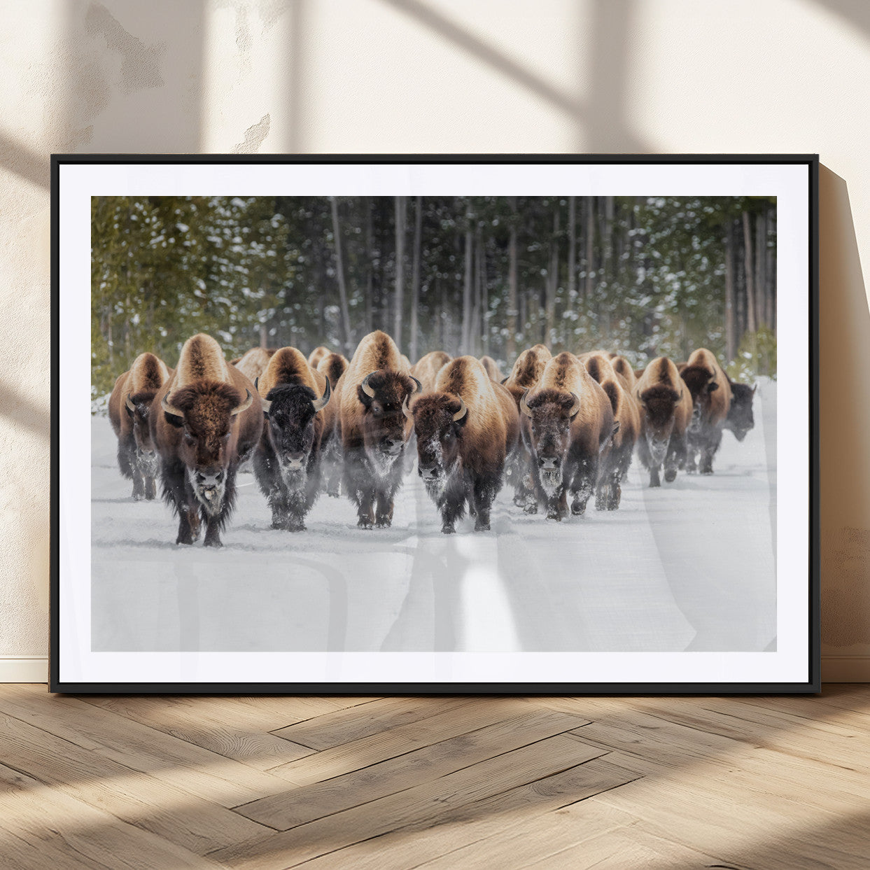 American Bison Herd in Snow Wall Art Canvas Print – Powerful Winter Wildlife Scene with Buffalo in Motion, Perfect for Rustic Lodge or Western Cabin Decor