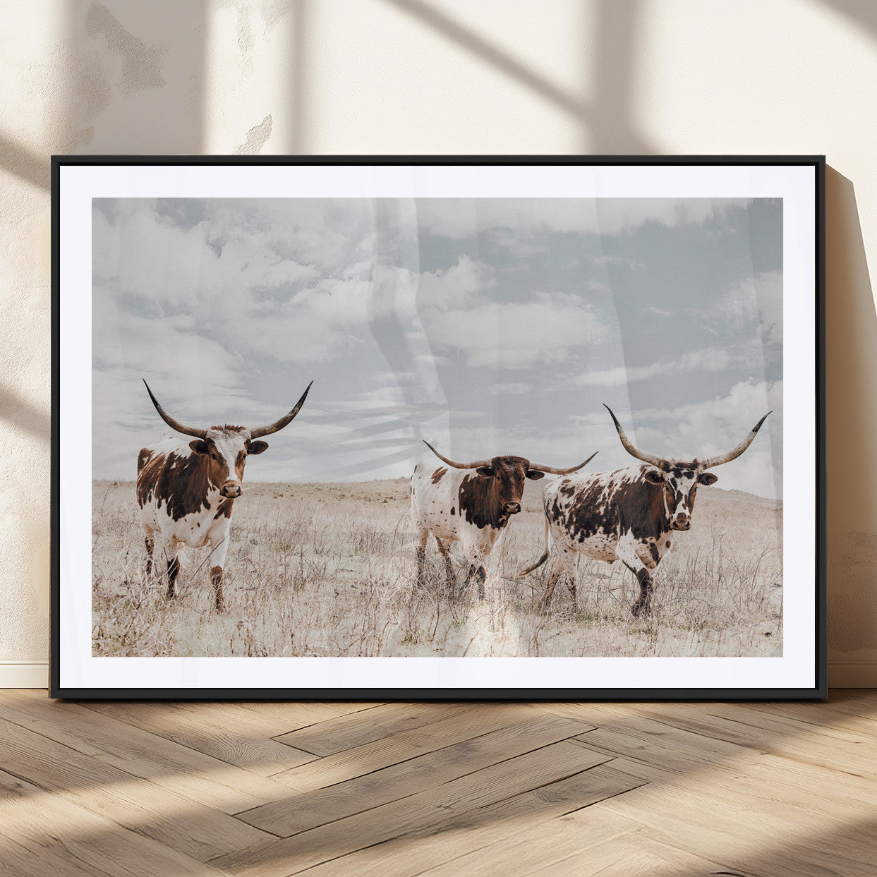 Three Texas Longhorn cattle walking through a dry grassy field under a partly cloudy sky.