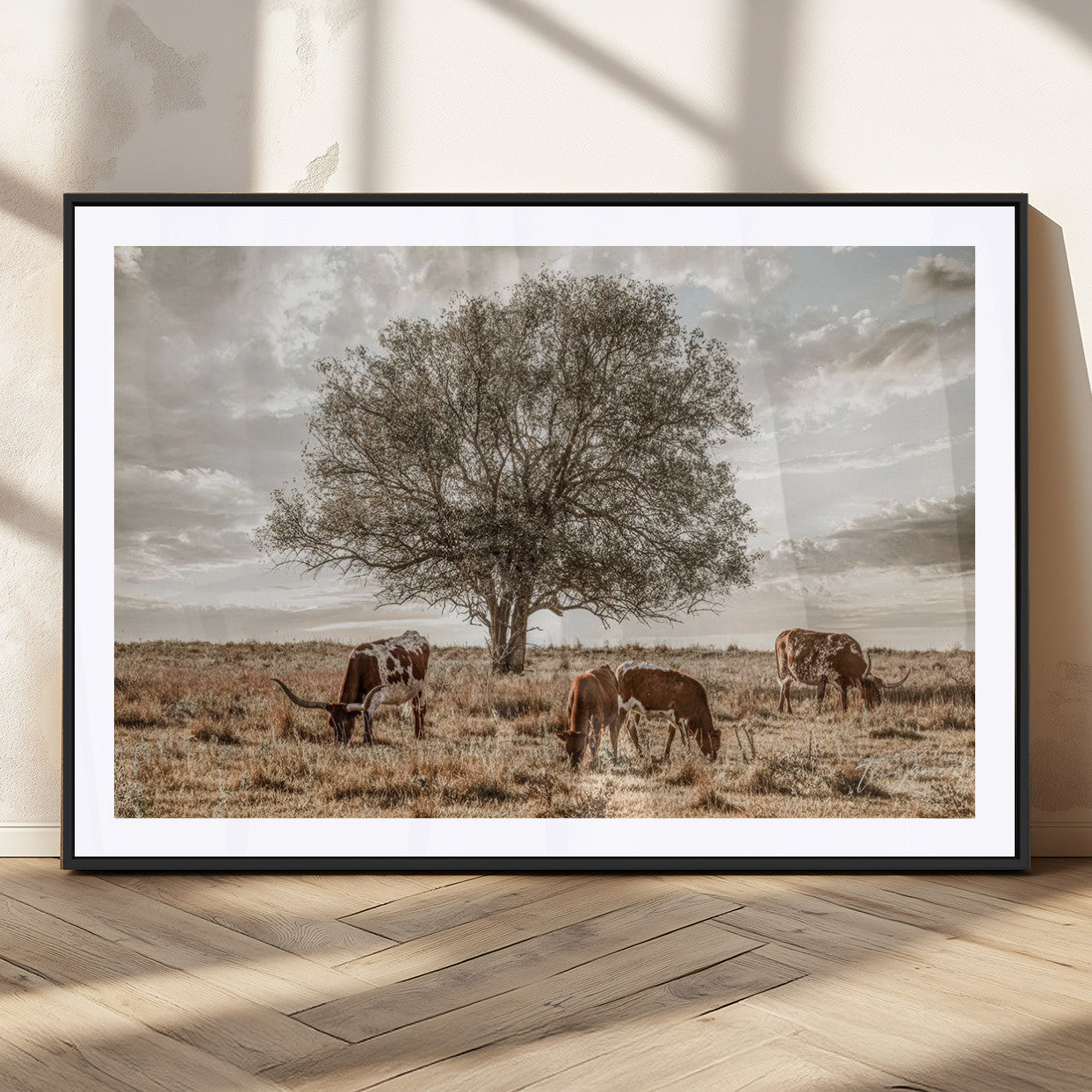 Texas Longhorn Cattle Wall Art Canvas Print – Rustic Western Ranch Scene with Steers at Sunset, Perfect for Farmhouse or Cowboy Decor