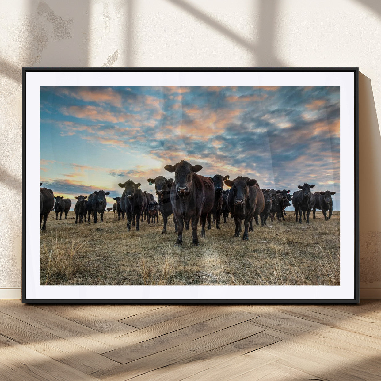 MGC-FP-36x24 - Texas Longhorn Cattle Wall Art Canvas Print – Rustic Western Ranch Scene with Steers at Sunset,