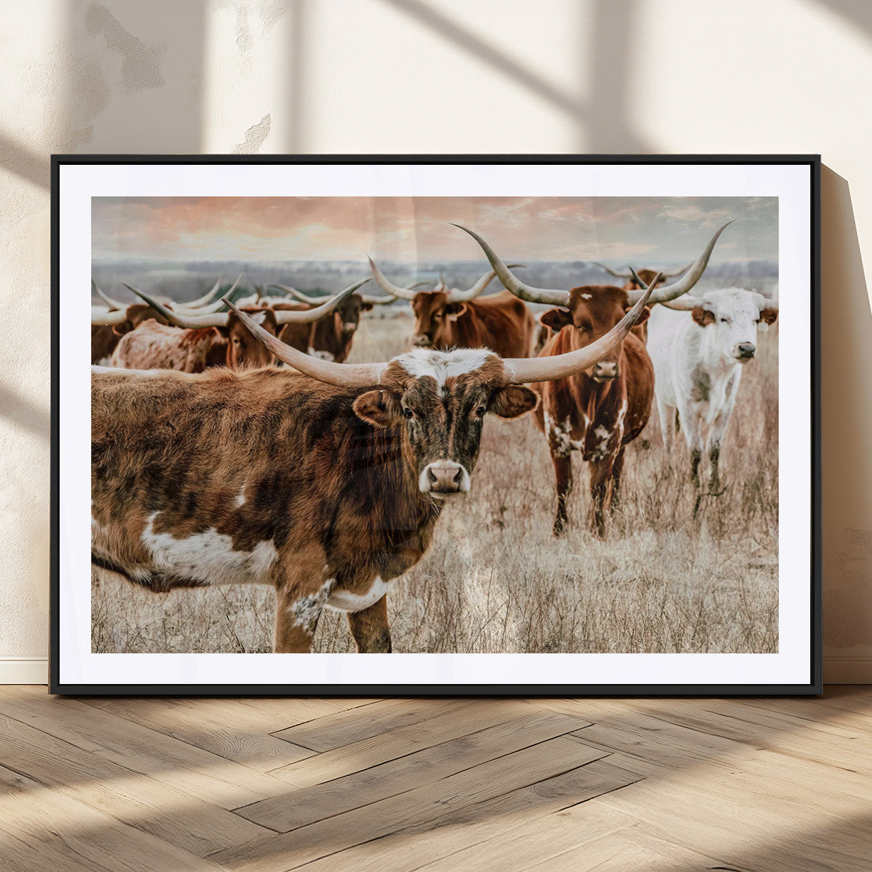 MGC-FP-36x24 - Texas Longhorn Cattle Wall Art Canvas Print – Rustic Western Ranch Scene with Steers at Sunset,