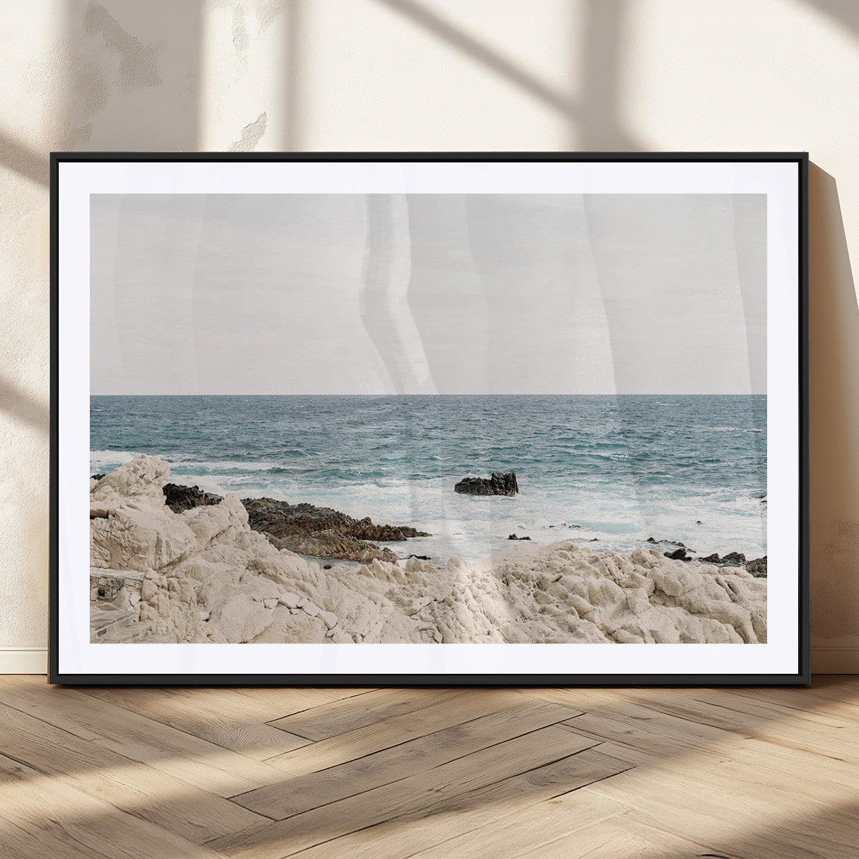MGC-FP-36x24 - Coastal Ocean View Wall Art Canvas Print – Serene Rocky Shoreline and Blue Sea Photography for