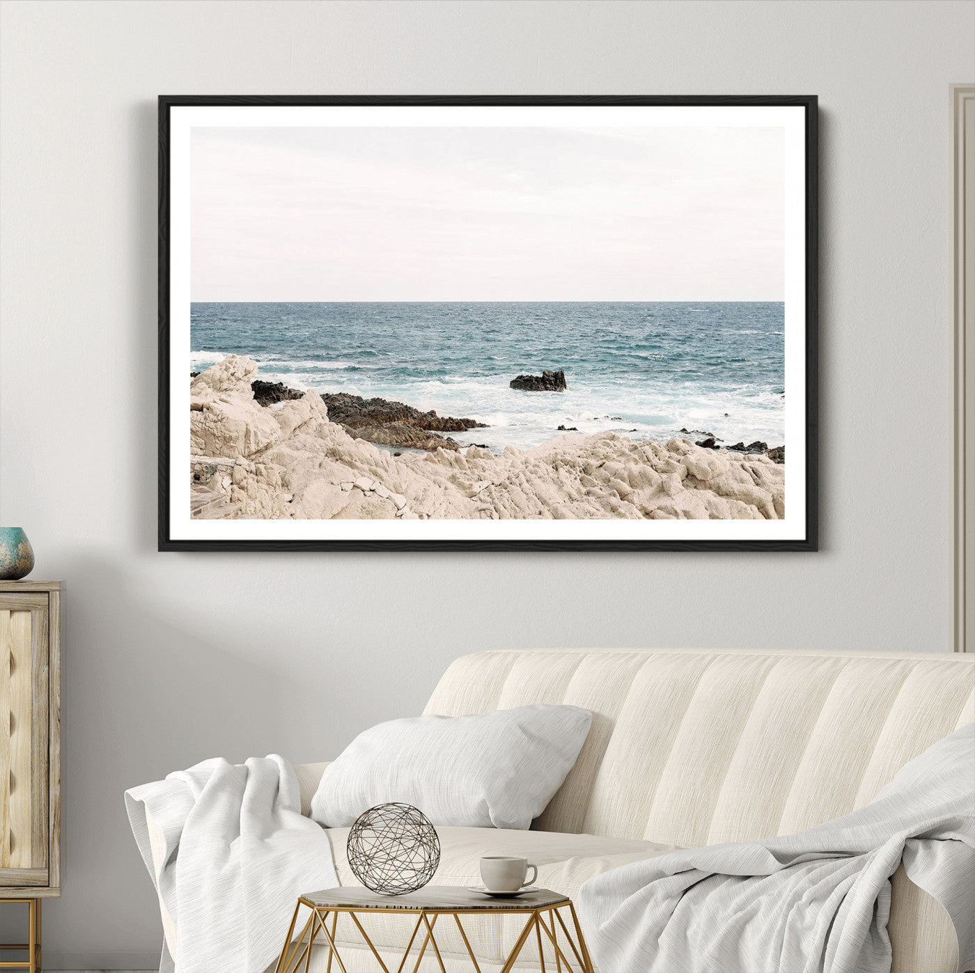 25481980-MGC-FP-36x24_Black-Coastal Ocean View Wall Art Canvas Print – Serene Rocky Shoreline and Blue Sea Photography for Coastal Chic or Minimalist Home Decor