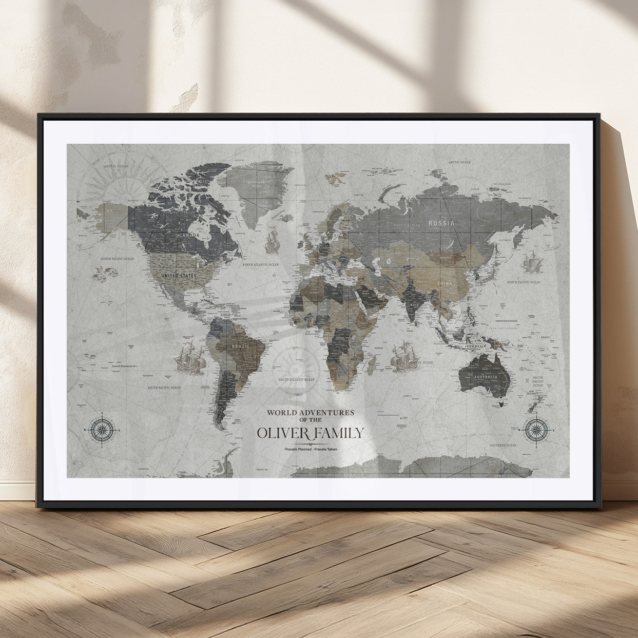 MGC-FP-36x24 - Custom Push Pin World Map Wall Canvas Print – Personalized Travel Tracker with Pins – Framed Large Multi-Size Canvas for Home Office Decor