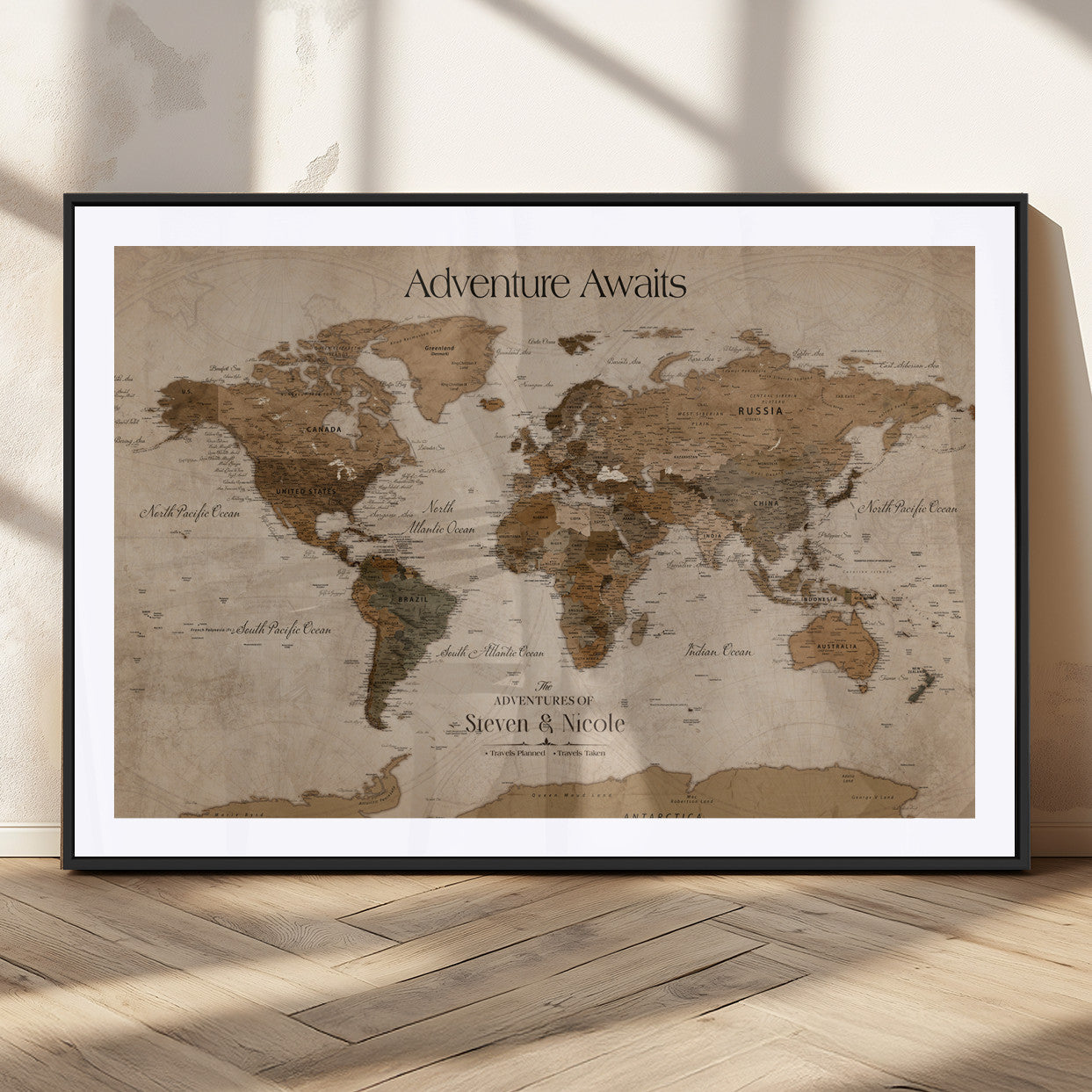 MGC-FP-36x24 - Custom Push Pin World Map Wall Canvas Print – Personalized Travel Tracker with Pins – Framed Custom Quotie Canvas for Home Office Decor