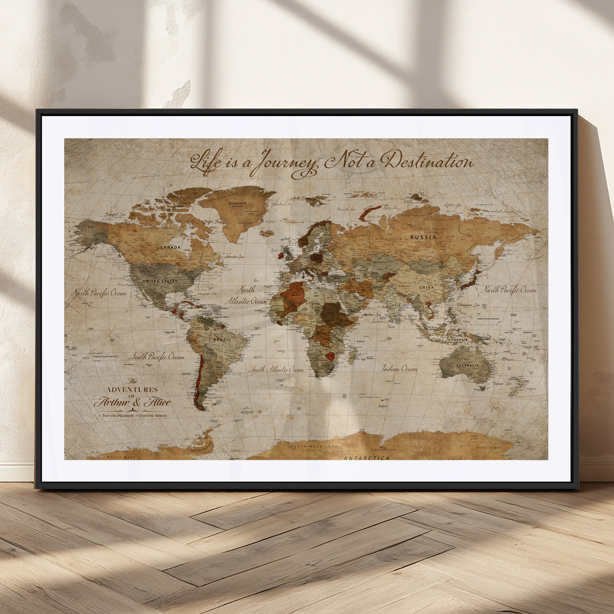 MGC-FP-36x24 - Customizable Framed World Map Wall Art, Personalized Push Pin Travel Maps Canvas Print, Handcrafted in USA, 100 Pins with Foam Backing