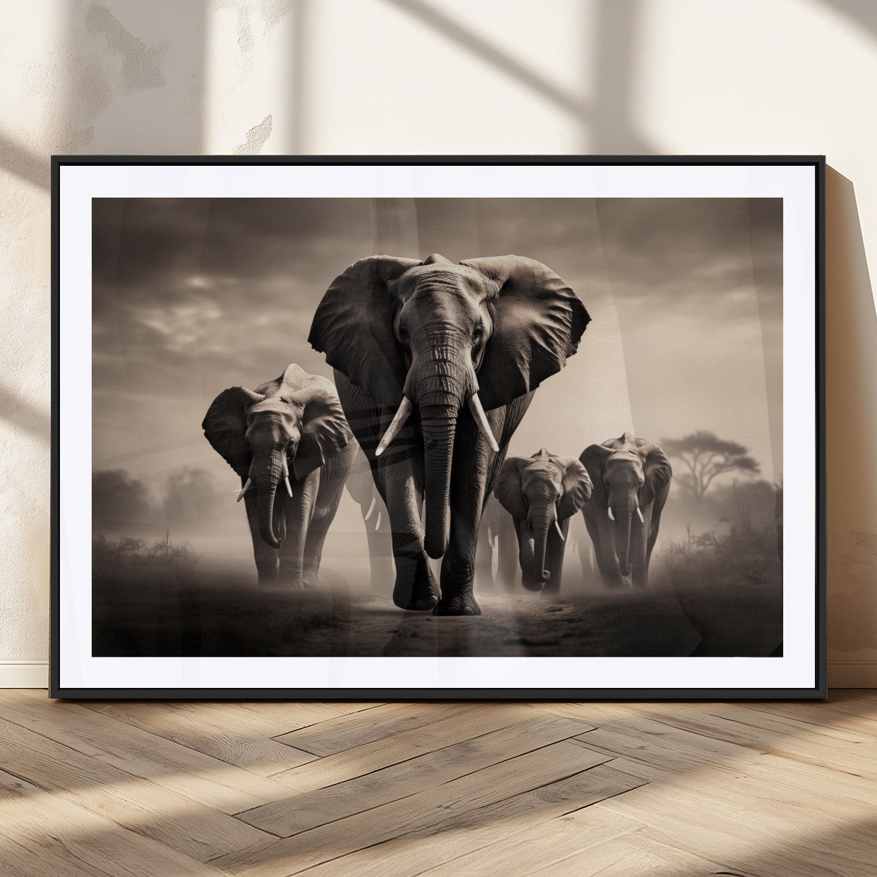 MGC-FP-36x24 - Elephant Family Wall Art Canvas Print, Framed Elephant Wall Art Home Decor
