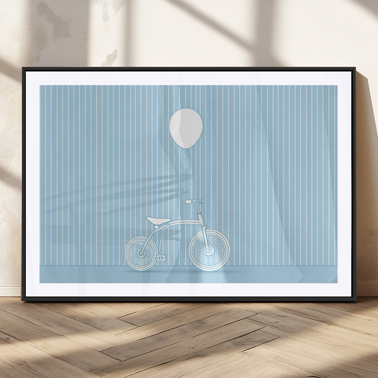 A minimalistic blue line drawing of a bicycle with a balloon floating above it, set against a soft striped background.