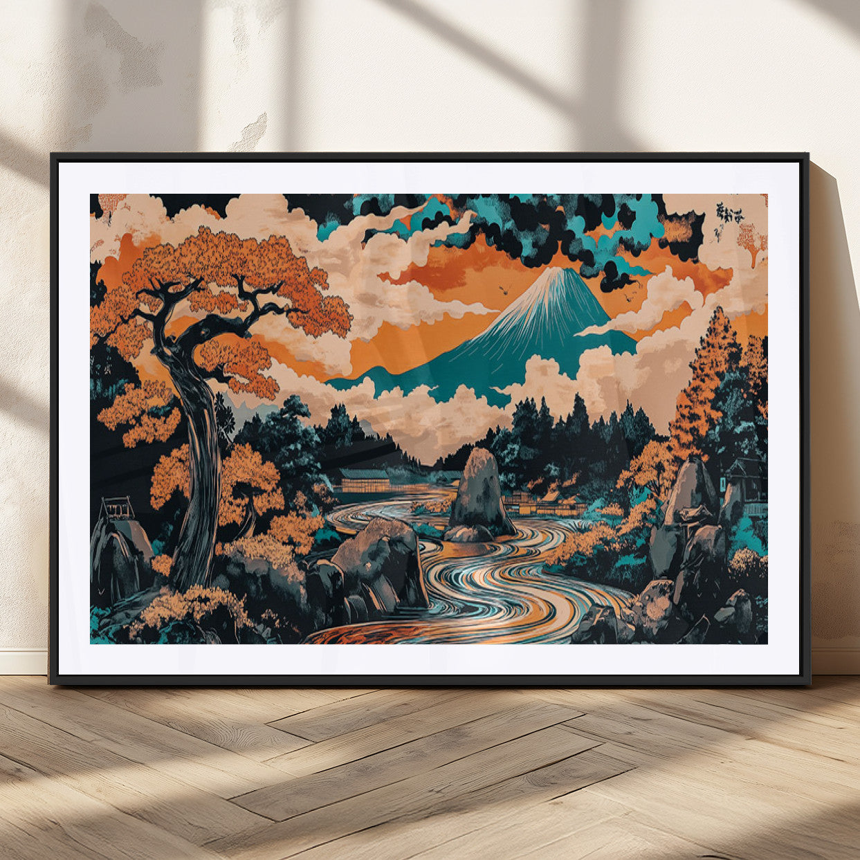 A vibrant Japanese-inspired landscape featuring Mount Fuji, a winding river, and autumn-colored trees under a dramatic sky, in bold and vivid hues.