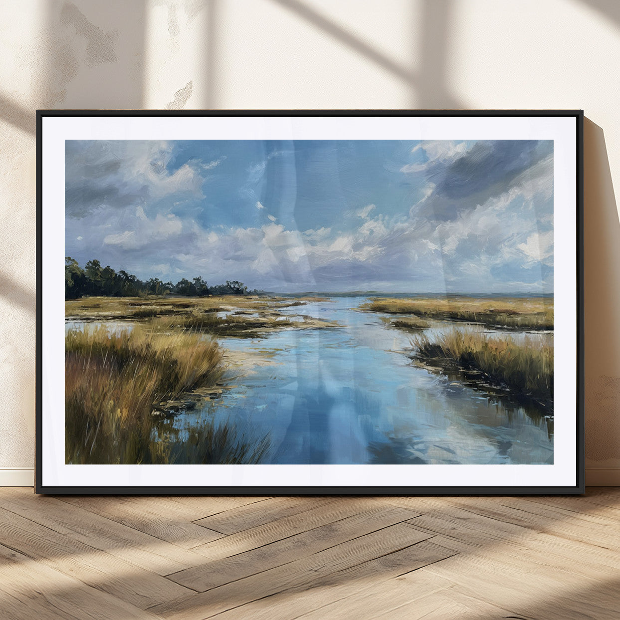 A beautiful, painterly landscape of a calm river winding through a marsh, with vibrant green grasses and a bright blue sky filled with fluffy clouds.