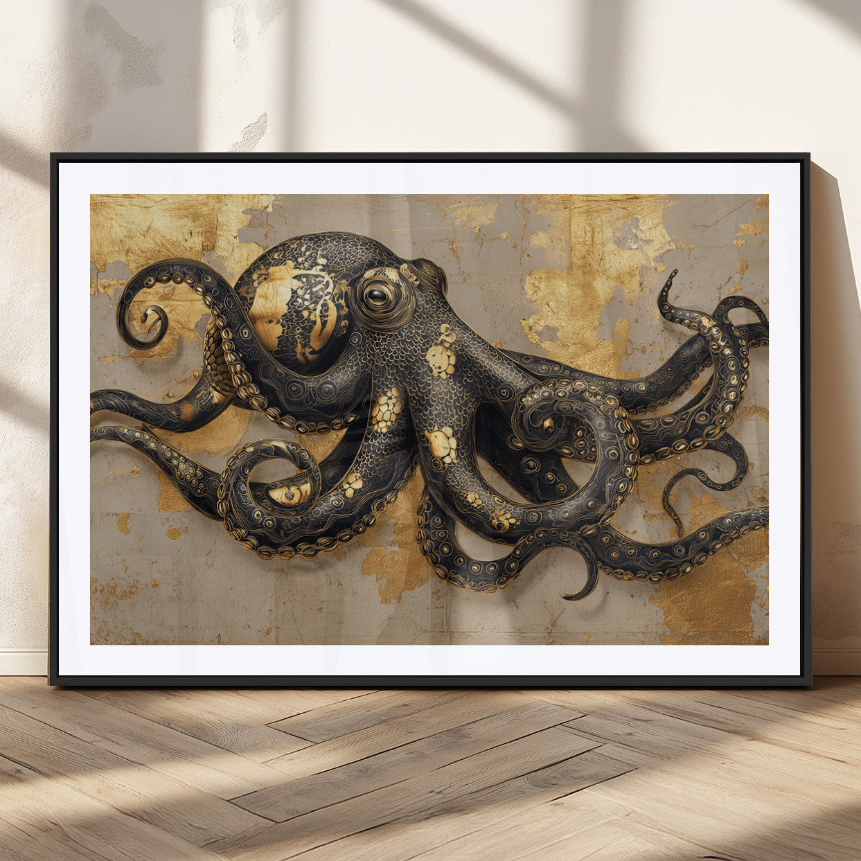 A stunning golden and black illustration of an octopus on a textured background with gold leaf accents, highlighting its intricate tentacles and unique design.