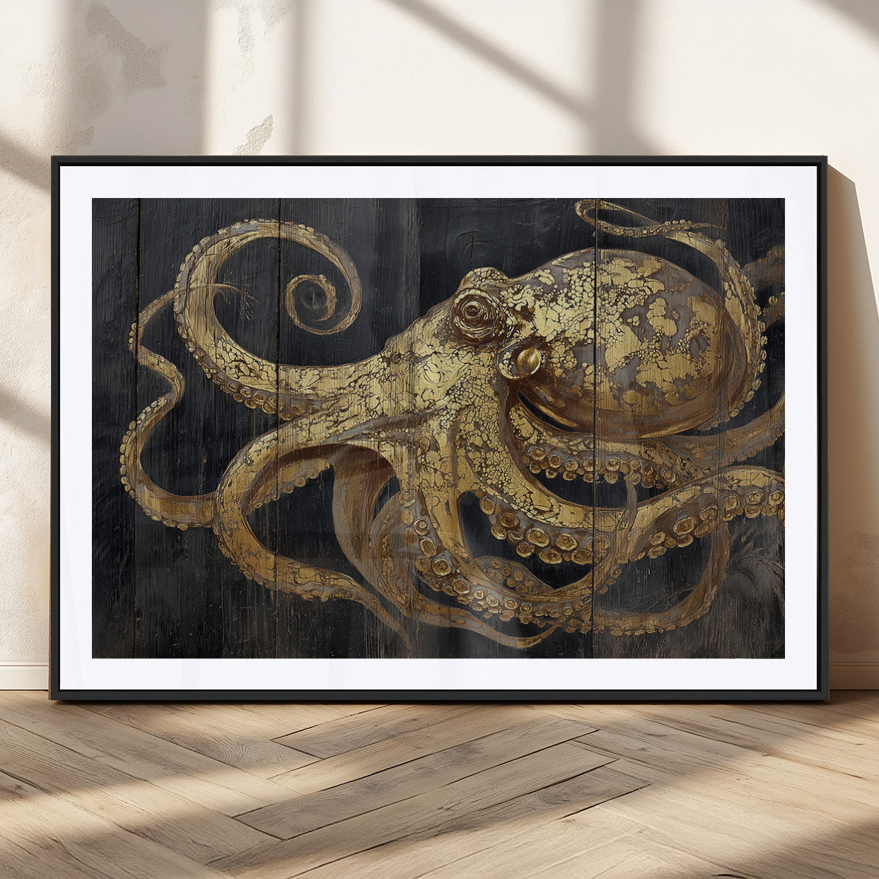 A detailed gold illustration of an octopus on black wooden planks, showing its intricate tentacles and textured skin in an artistic style.