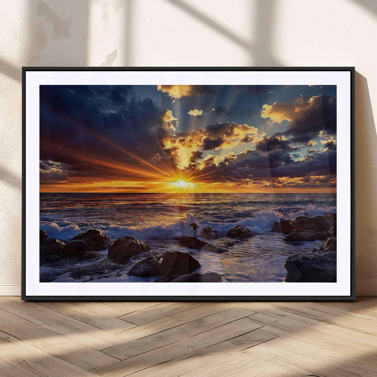 An explosive sunset over the ocean with dramatic clouds and rays of sunlight reflecting off the water, creating a vibrant and captivating view.