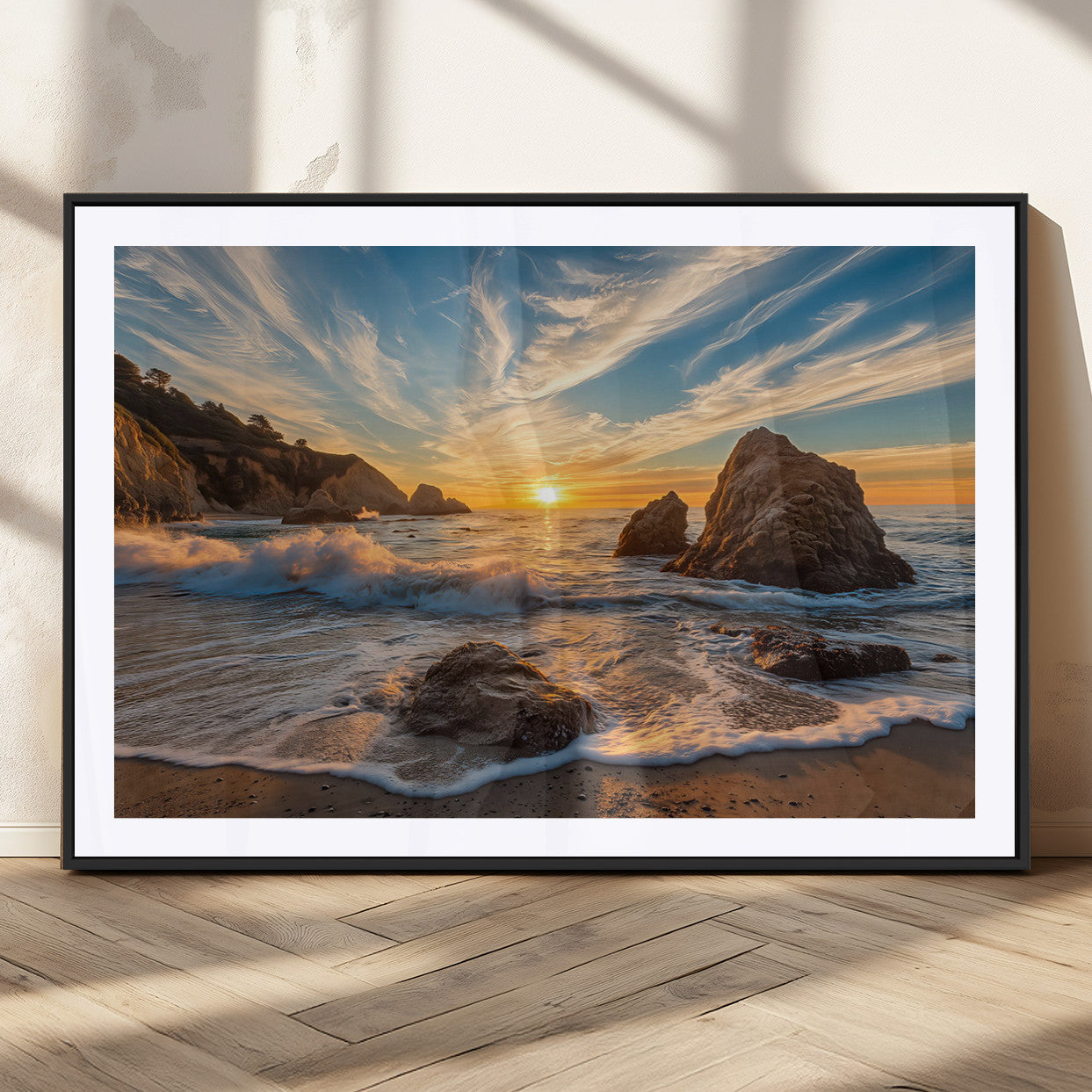 Rocky Ocean Sunset Wall Art Print, Seaside Canvas Wall Art, Dramatic Seascape Canvas Print for Coastal Modern Decor, Ocean Sunset Art Printing