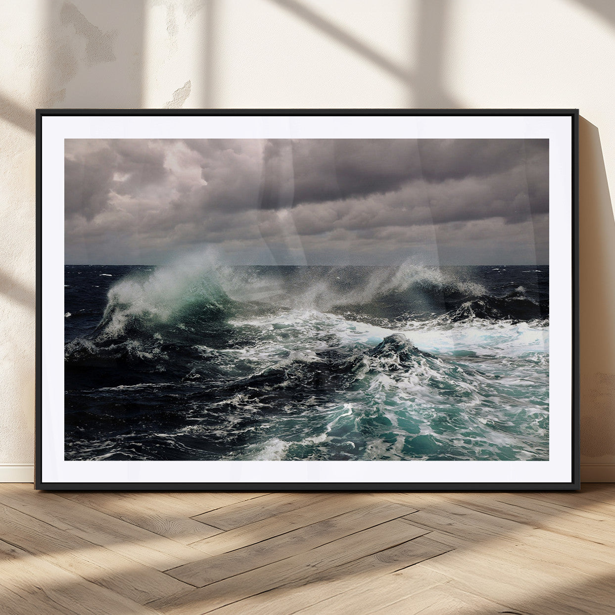 Powerful ocean waves crashing under stormy skies, creating a dynamic and intense seascape.