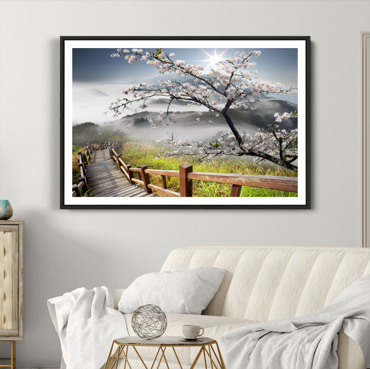 34632598CRY-MGC-FP-36x24_Black-Sakura Cherry Blossom Pathway Canvas Wall Art – Tranquil Walk Through Blossoming Nature – Ready to Hang