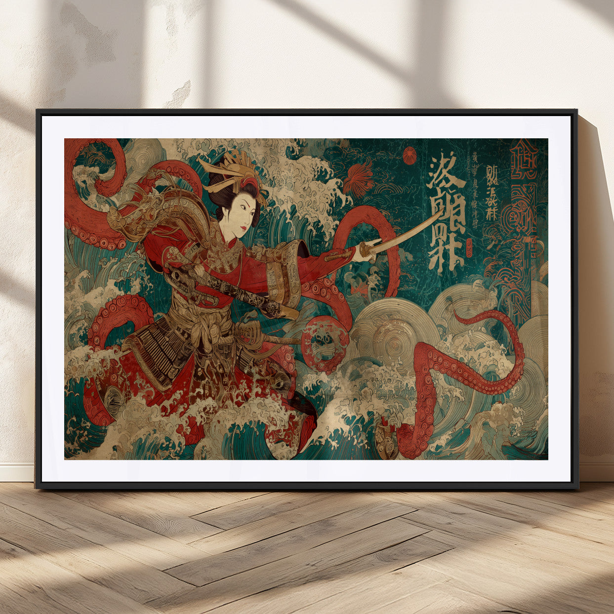 MGC-FP-36x24 - Tsukioka Yoshitoshi Samurai Wall Art Print, Japanese Katana Warrior Canvas Wall Art, Octopus Sea Monster Canvas Print,