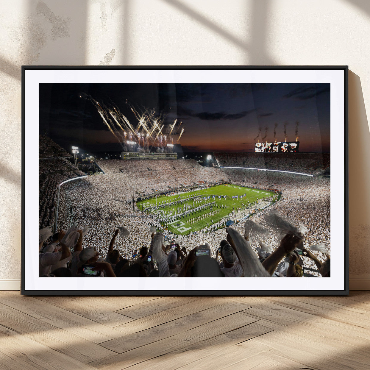 Penn State Stadium Wall Art Print, White Out Football Game Canvas Wall Art, Framed Sports Stadium, Large College Football Canvas Print for Game Room - Man Cave + 555