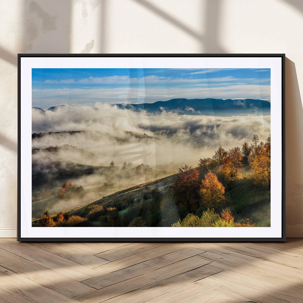 21551192-MGV-CV-36X24-Misty Autumn Hills Canvas Wall Art, Foggy Forest Landscape, Fall Foliage Beauty, Serene Mountain View, Cozy Home Decor, Office Tranquility, Nature Calm Print