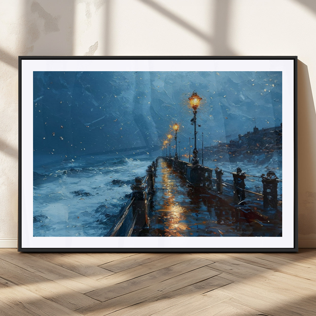 "Impressionistic painting of a stormy pier with street lamps glowing, waves crashing, and a misty ocean under a blue sky."