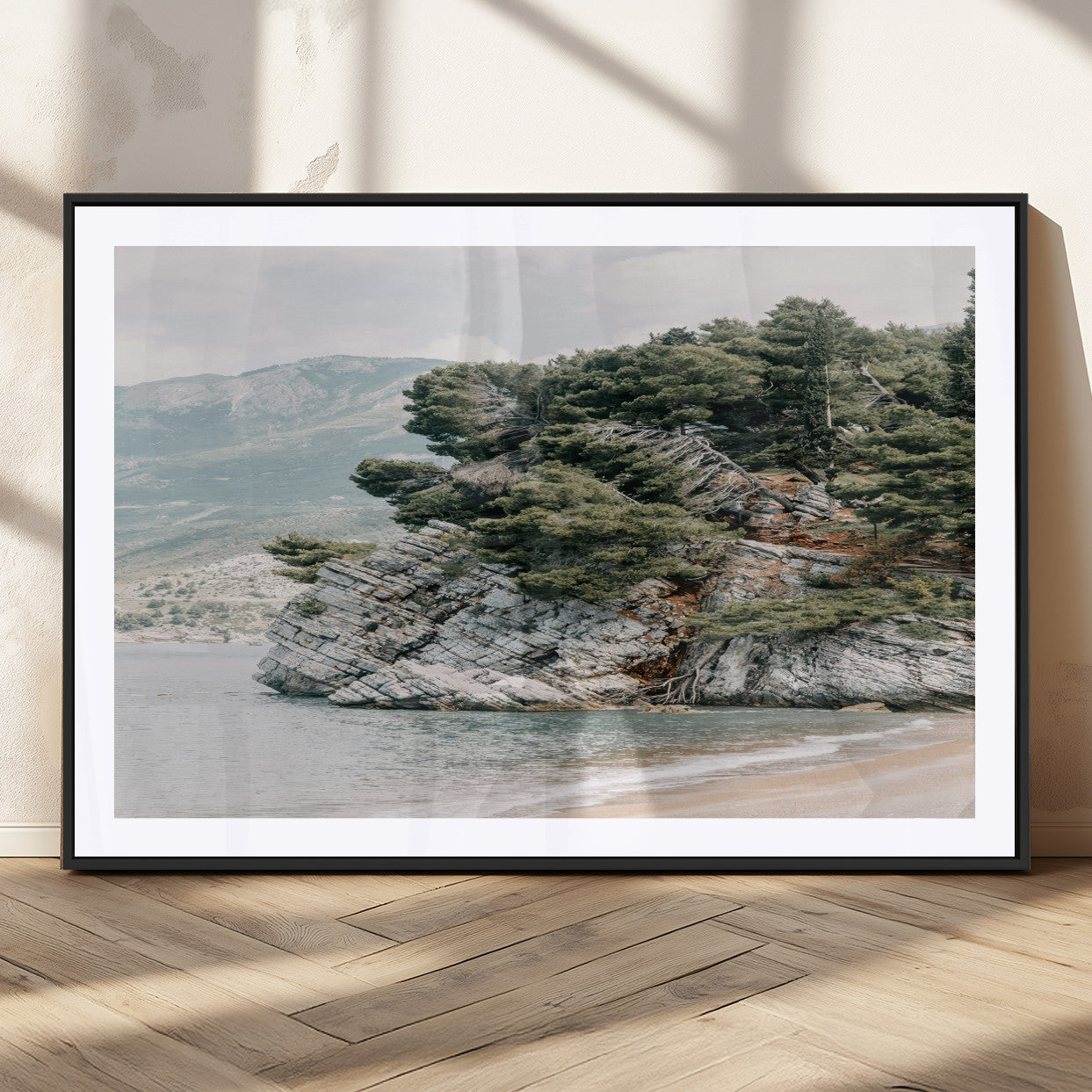 MGC-FP-36x24 - Coastal Rock Canvas Wall Art Print, Scenic Beach Landscape, Pine Trees on Rocky Cliff, Large Nature