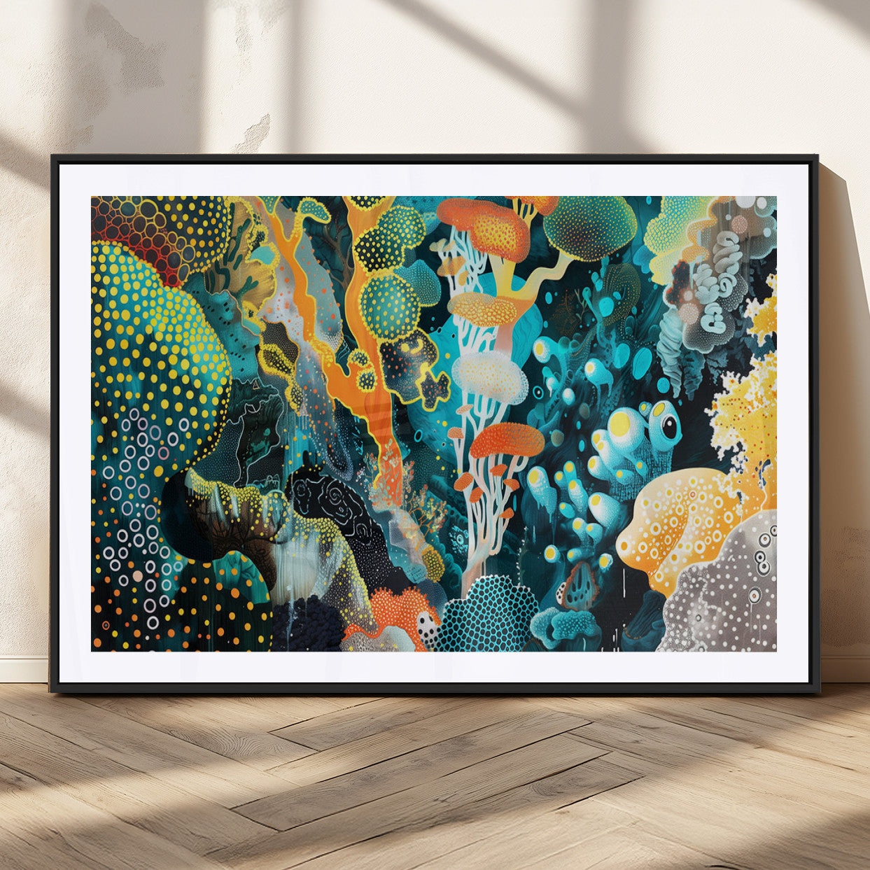 Colorful abstract coral reef scene featuring vibrant underwater plants, marine patterns, and fluid organic shapes – Wall Art Canvas Print.