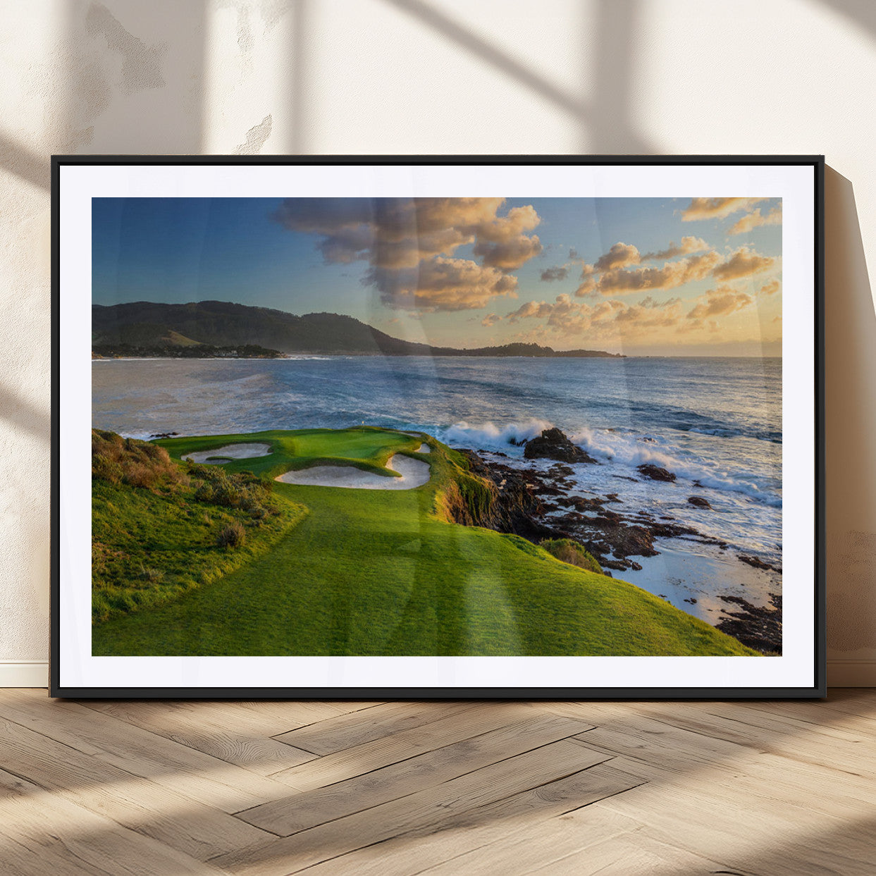 MGC-FP-36x24 - Stunning Coastal Golf Course at Sunset with Rolling Green Fairways and Ocean Waves – Perfect Wall