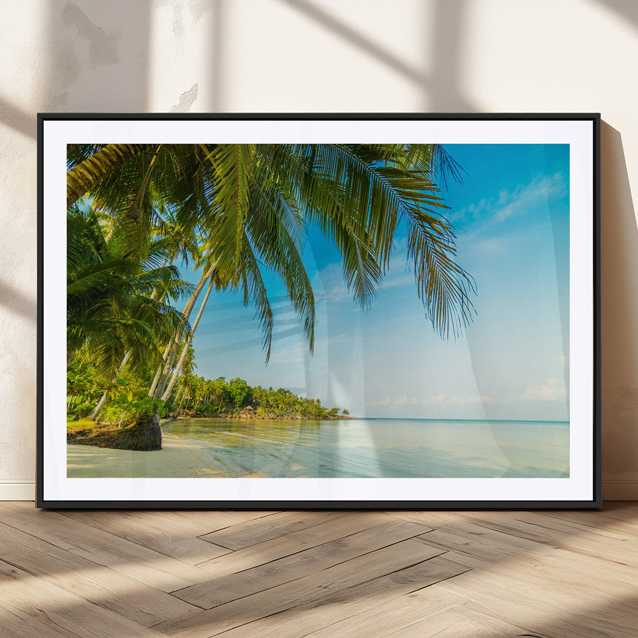 MGC-FP-36x24 - Peaceful Tropical Beach with Palm Trees and Calm Blue Sea – Serene Coastal Wall Art Canvas Print for
