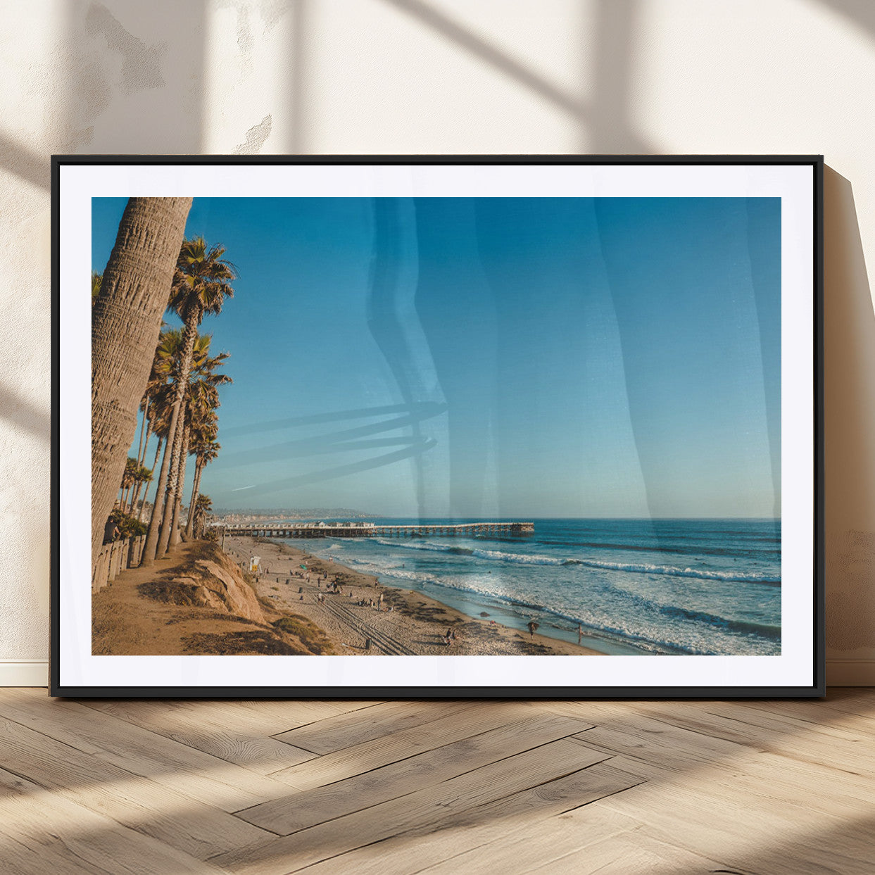 MGC-FP-36x24 - Scenic Beach with Tall Palm Trees, Sandy Shore, and Long Pier Stretching into the Calm Ocean Under