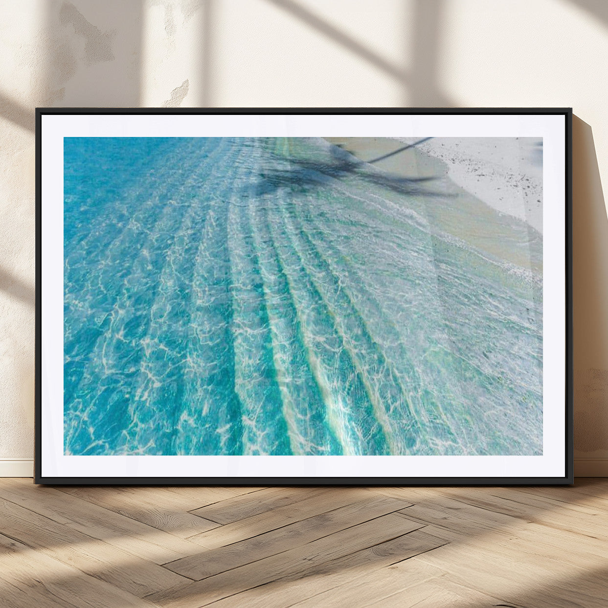 17528159-MGV-CV-36X24-Crystal Clear Shallow Ocean Water with Sunlight Reflections and Palm Tree Shadow on Sandy Beach – Beautiful Wall Art Canvas Print for Coastal Decor