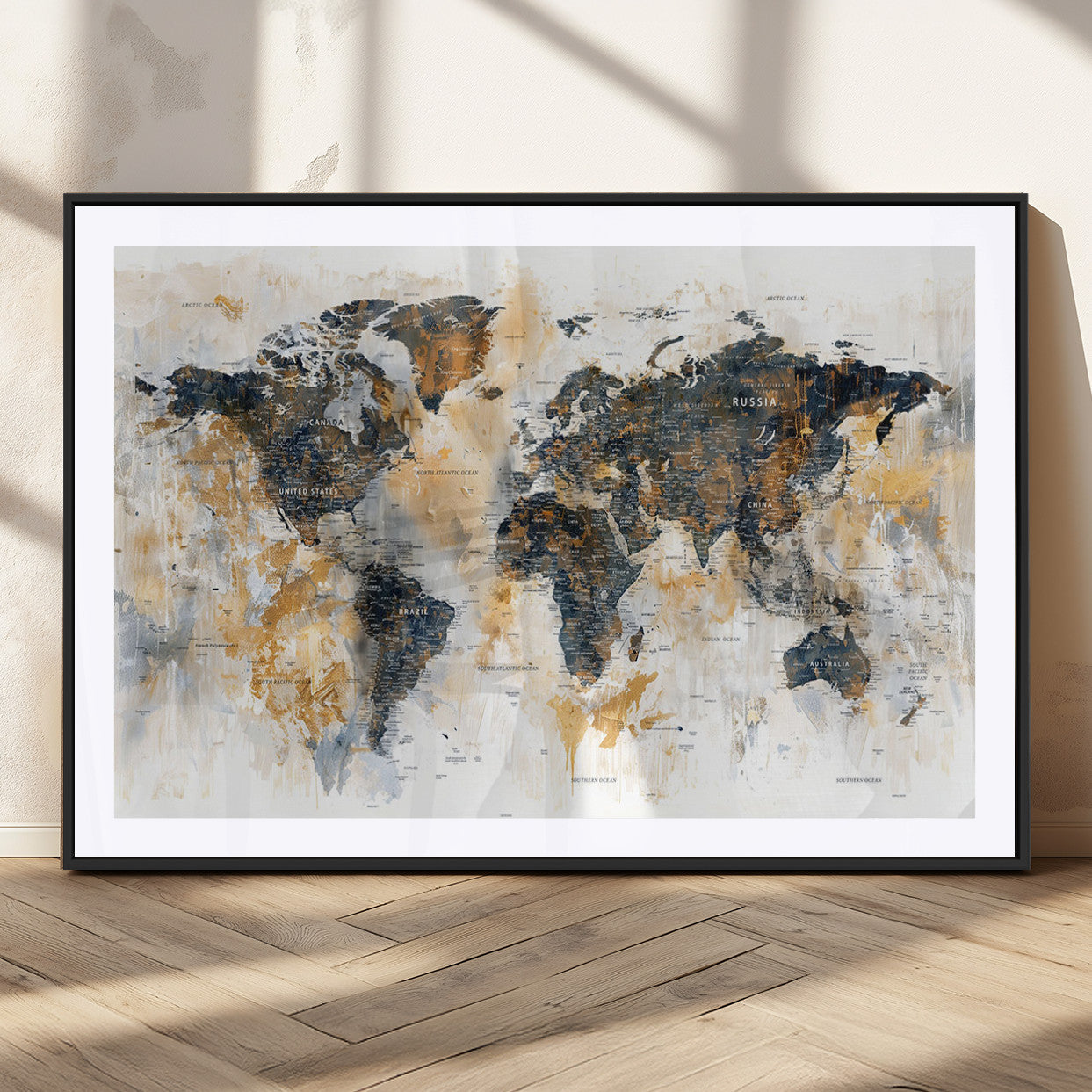 Artistic world map with textured brush strokes in shades of gold, navy blue, and white, showing continents and countries with an abstract, painterly effect.
