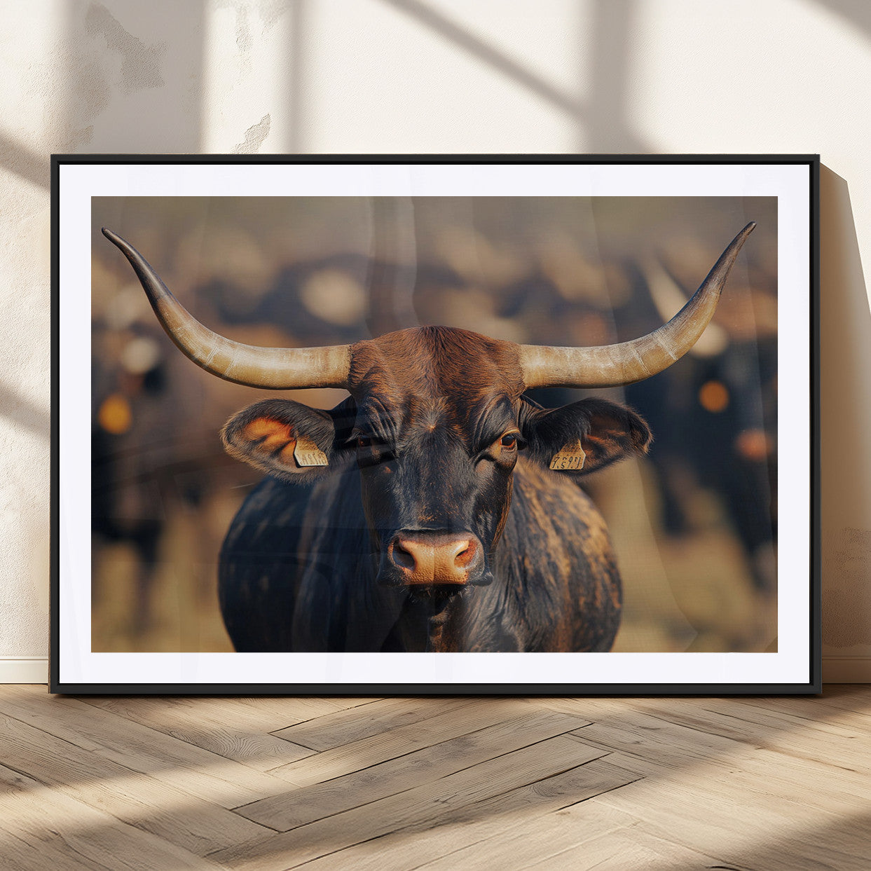 35515971-MGV-CV-36X24-Majestic bull head close-up, long curved horns, detailed fur texture, warm sunlight, focused gaze, Wall Art Canvas Print
