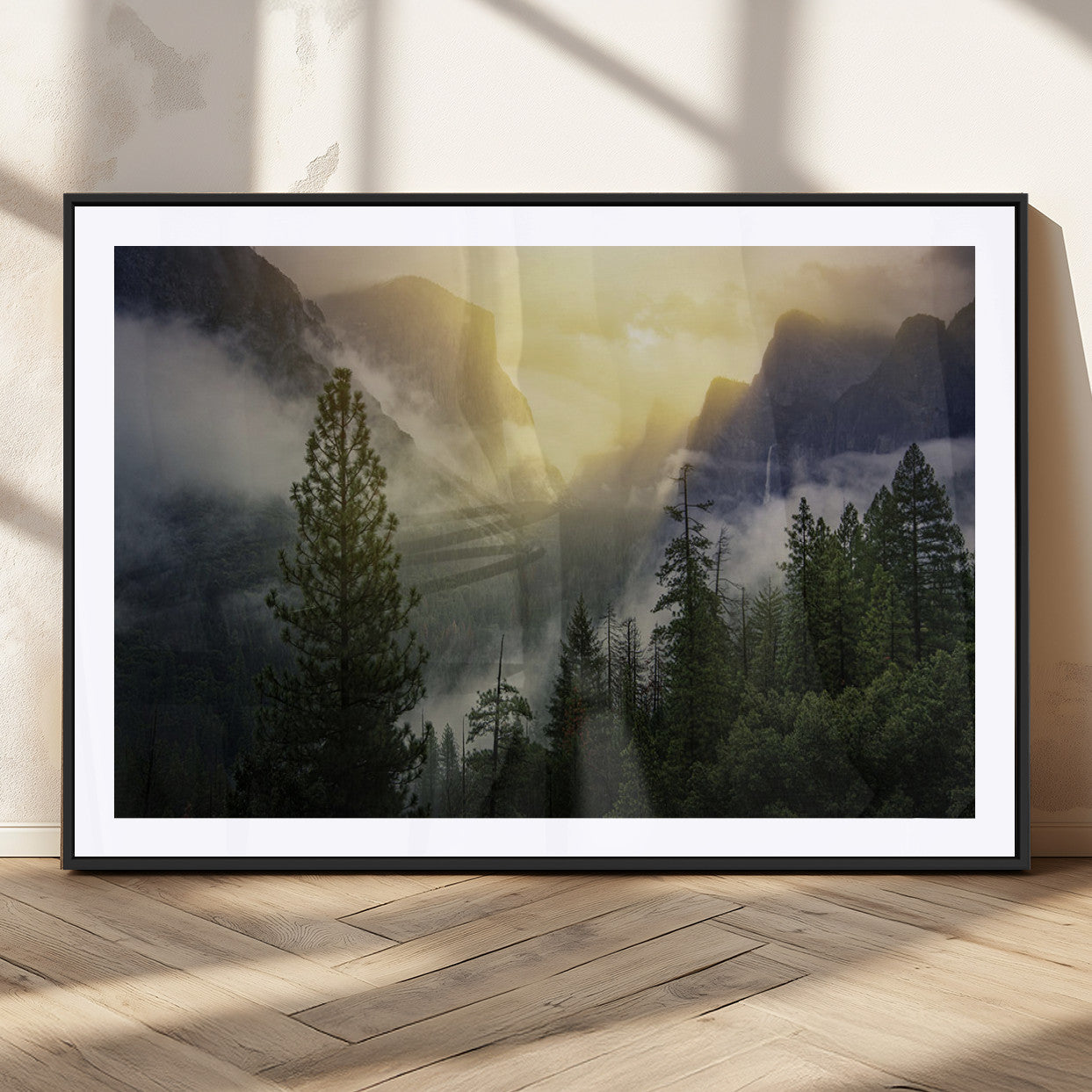 38316884-MGV-CV-36X24-Misty Forest Sunrise Mountain Valley Pine Trees Foggy Landscape Nature Scenic Outdoors Calm Tranquil Wall Art Canvas Print