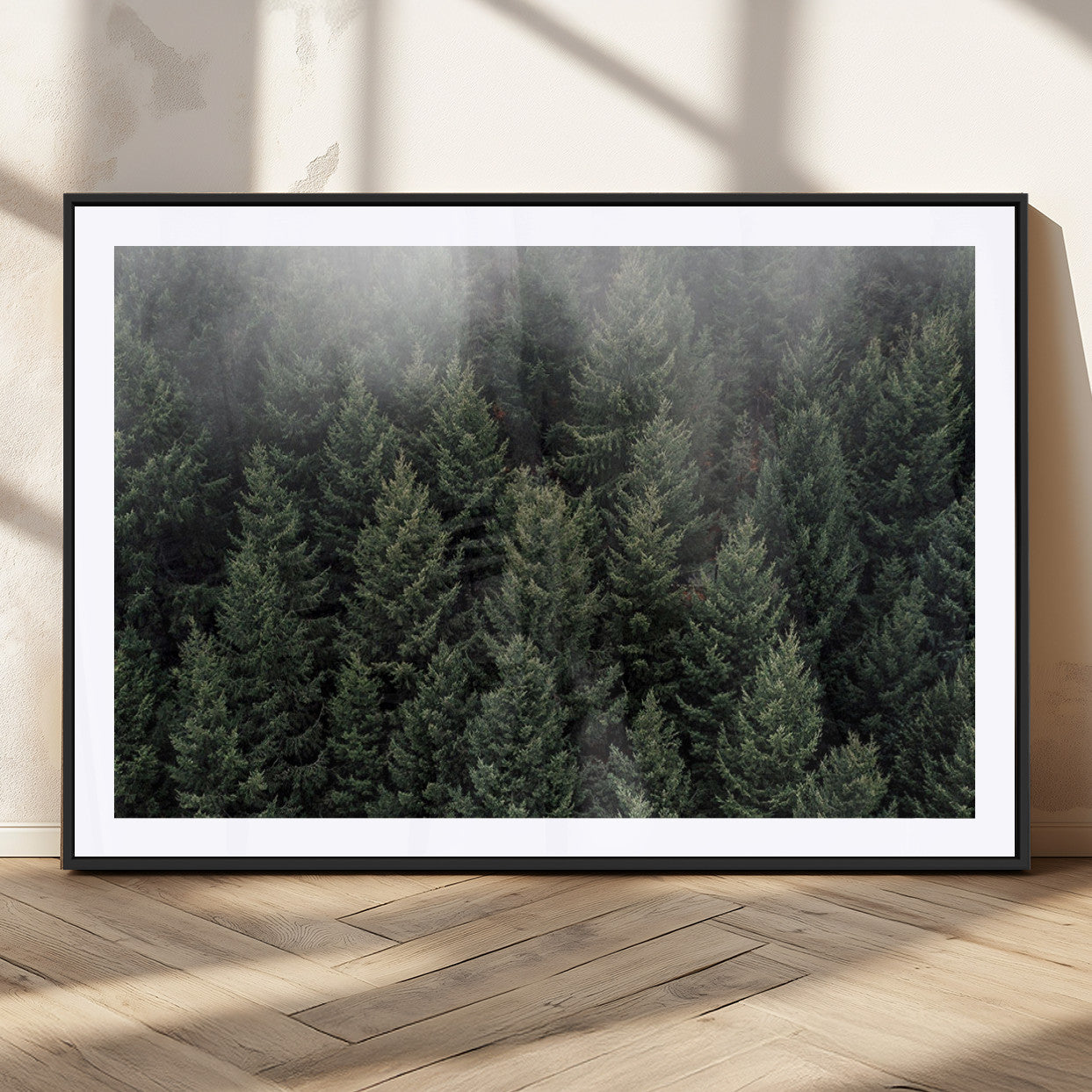 84059409-MGV-CV-36X24-Dense Evergreen Forest Misty Morning Fog Pine Trees Woodland Nature Landscape Calm Peaceful Scenic Wall Art Canvas Print