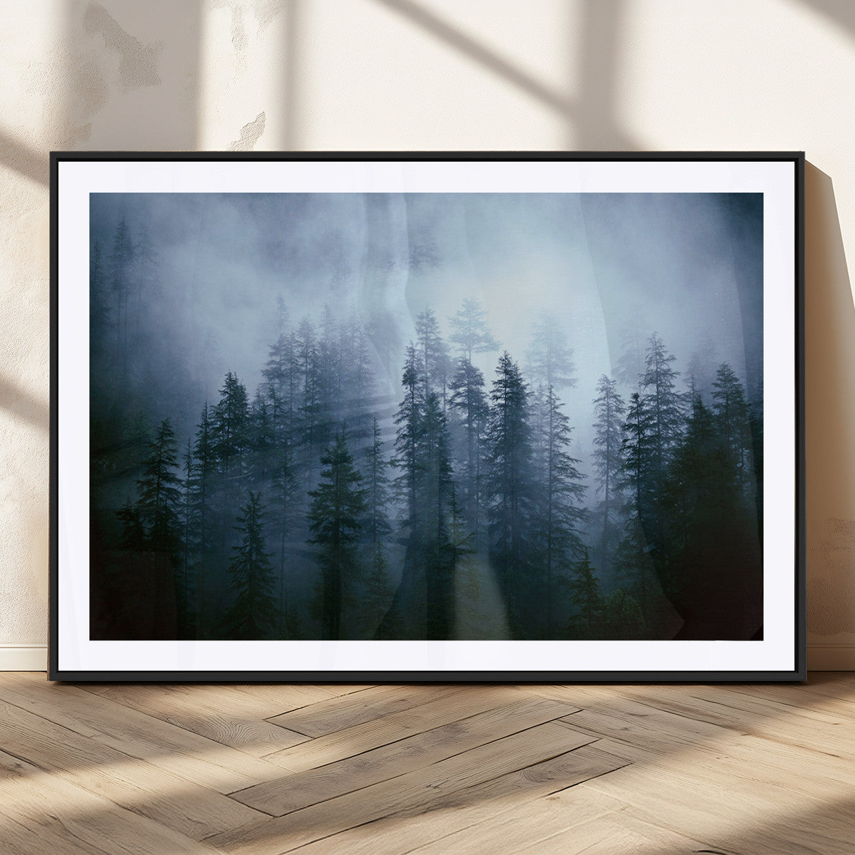 93439624-MGV-CV-36X24-Foggy Evergreen Pines Mist Forest Blue Haze Moody Atmospheric Wilderness Nature Trees Scenic Tranquil Peaceful Landscape Wall Art Canvas Print