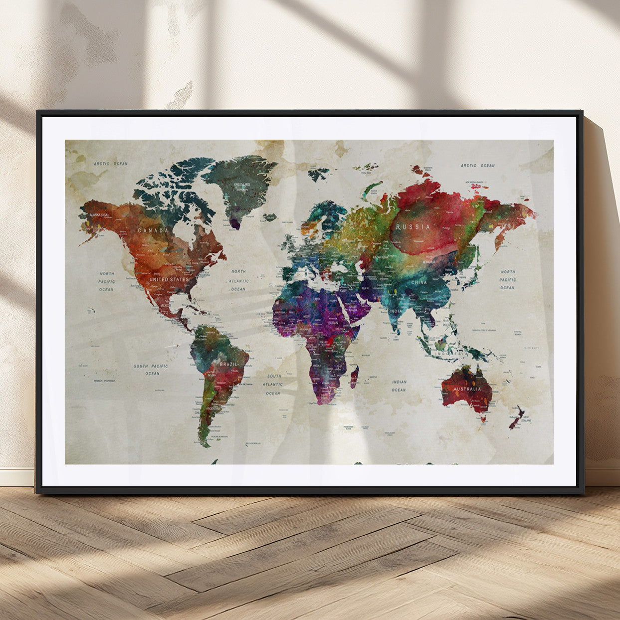 Colorful watercolor world map with countries labeled, featuring rich, vibrant hues across continents on a vintage beige background, Wall Art Canvas Print style.