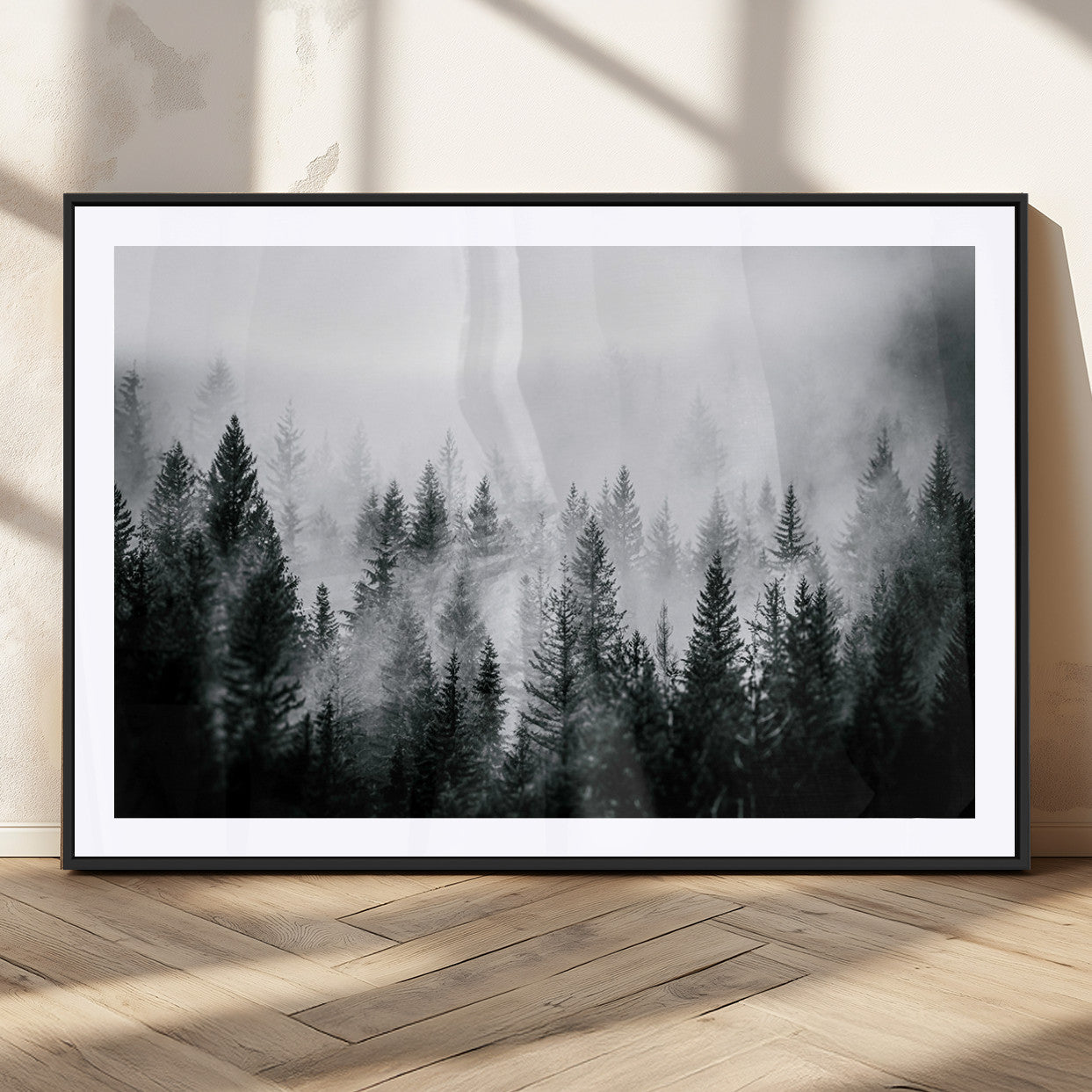 Horizontal black and white canvas wall art of foggy pine forest landscape for modern and rustic home decor