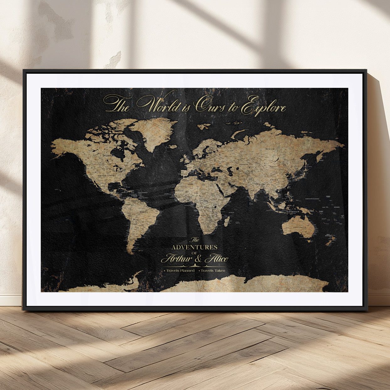 MGC-FP-36x24 - Personalized World Map Wall Art Canvas Print – Custom Push Pin Travel Map for Couples, Families, or Office Décor
